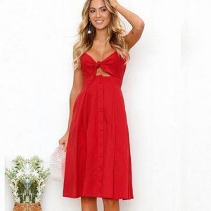 Red Bowknot Button Down Midi Dress